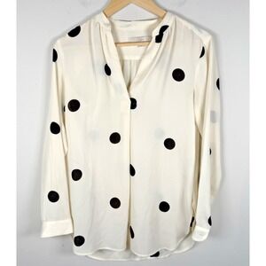 Loft V-Neck Semi Sheer Long Sleeve Blouse Ivory Polka Dot‎ Womens XS Career
